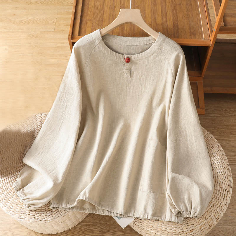 Buddha Stones Casual Plain Long Sleeve Cotton Polyester Women's Shirt - Beige - US14，UK/AU18，EU46 (2XL) - image 0