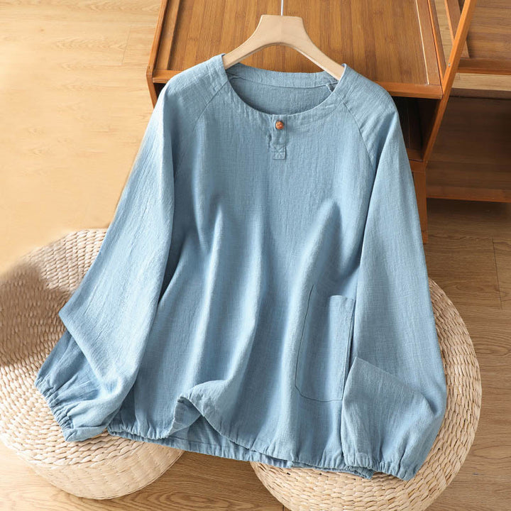 Buddha Stones Casual Plain Long Sleeve Cotton Polyester Women's Shirt - LightSkyBlue - US14，UK/AU18，EU46 (2XL) - image 8