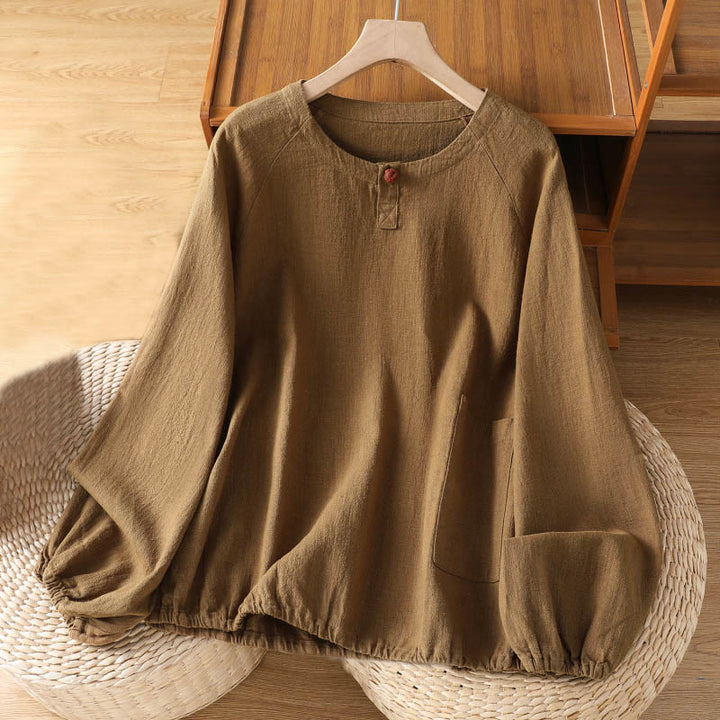 Buddha Stones Casual Plain Long Sleeve Cotton Polyester Women's Shirt - Peru - US14，UK/AU18，EU46 (2XL) - image 15