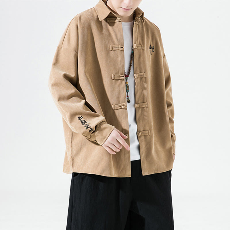 Buddha Stones Embroidery Chinese Frog-Button Design Tang Suit Men's Cotton Long Sleeve Jacket Shirt - image 10