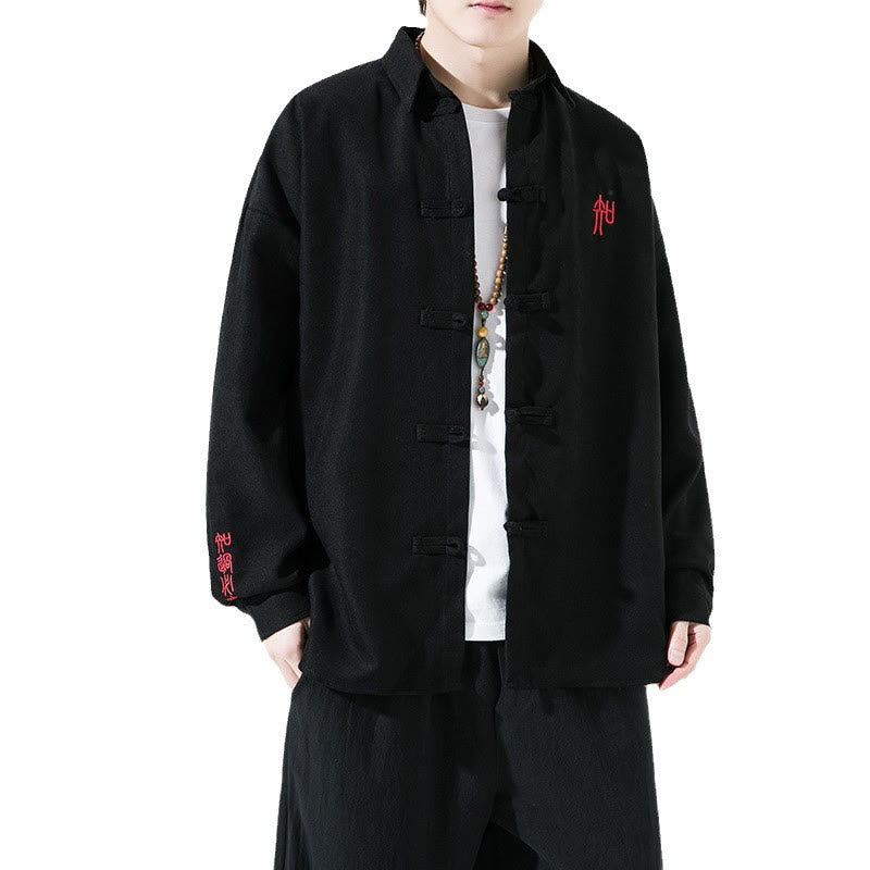 Buddha Stones Embroidery Chinese Frog-Button Design Tang Suit Men's Cotton Long Sleeve Jacket Shirt - image 8