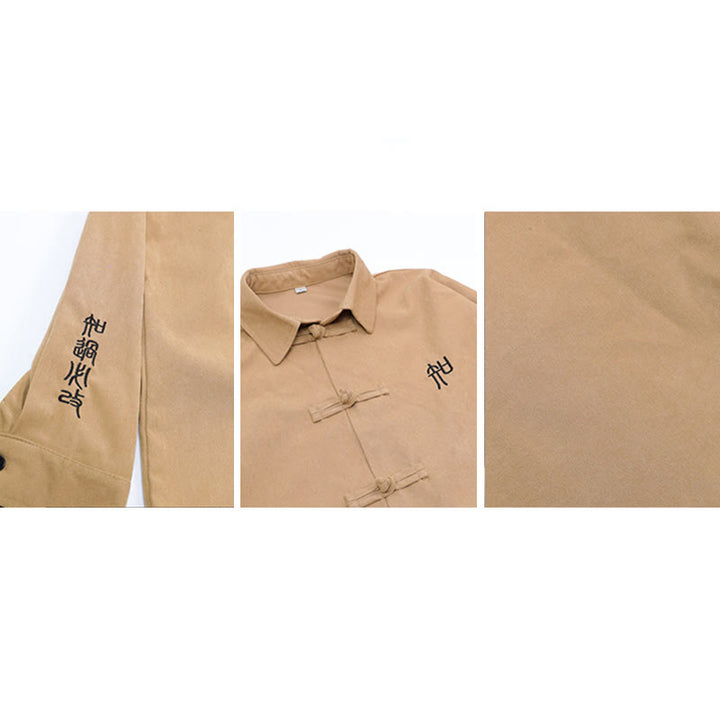 Buddha Stones Embroidery Chinese Frog-Button Design Tang Suit Men's Cotton Long Sleeve Jacket Shirt - image 19