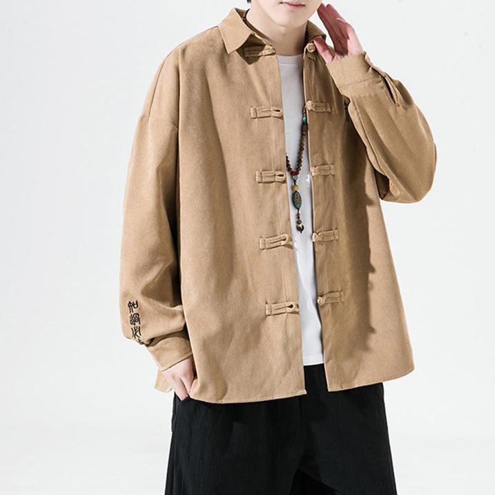 Buddha Stones Embroidery Chinese Frog-Button Design Tang Suit Men's Cotton Long Sleeve Jacket Shirt - image 11