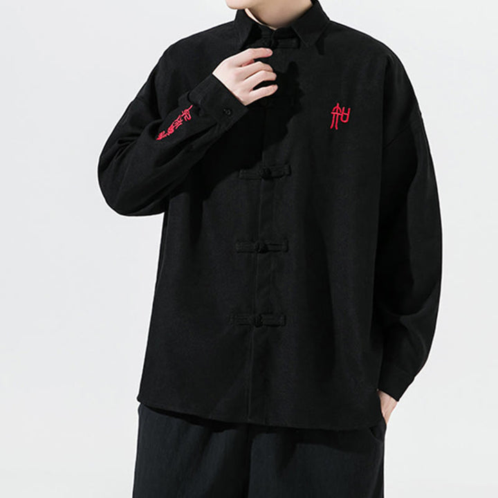 Buddha Stones Embroidery Chinese Frog-Button Design Tang Suit Men's Cotton Long Sleeve Jacket Shirt - image 5