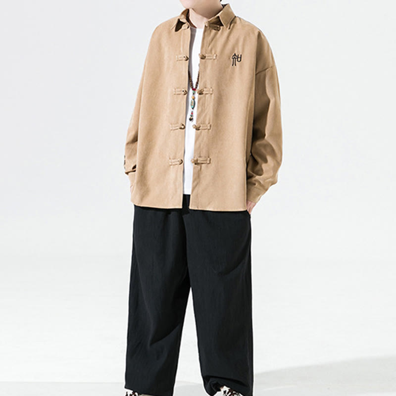 Buddha Stones Embroidery Chinese Frog-Button Design Tang Suit Men's Cotton Long Sleeve Jacket Shirt - image 18
