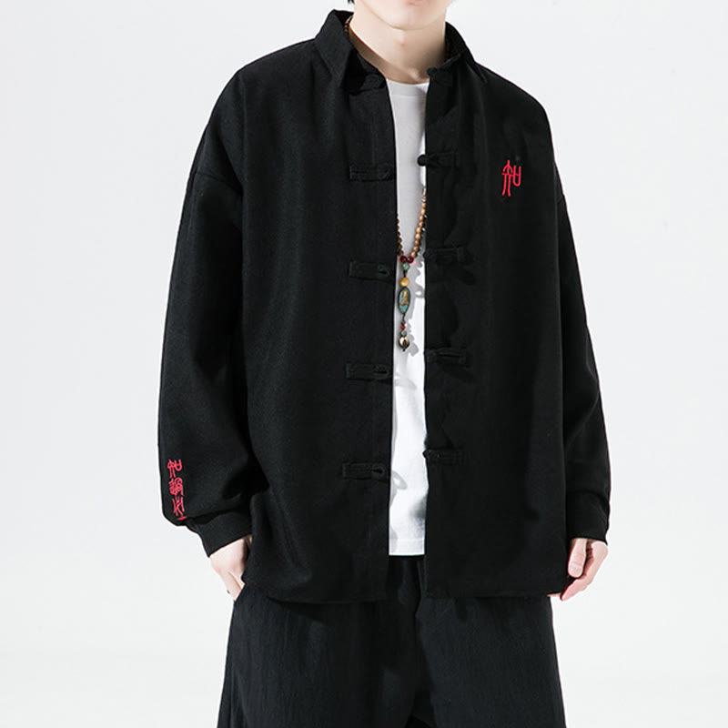 Buddha Stones Embroidery Chinese Frog-Button Design Tang Suit Men's Cotton Long Sleeve Jacket Shirt - Black - US/UK/AU46，EU56 (5XL) - image 0