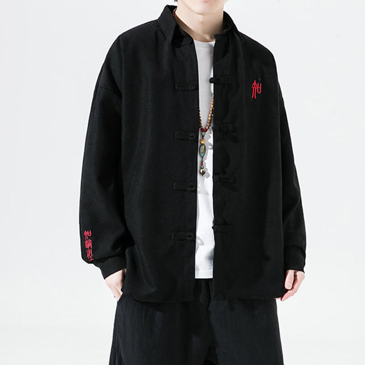 Buddha Stones Embroidery Chinese Frog-Button Design Tang Suit Men's Cotton Long Sleeve Jacket Shirt - Black - US/UK/AU46，EU56 (5XL) - image 0