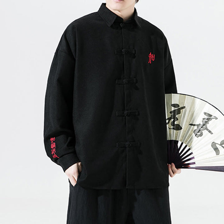 Buddha Stones Embroidery Chinese Frog-Button Design Tang Suit Men's Cotton Long Sleeve Jacket Shirt - image 6