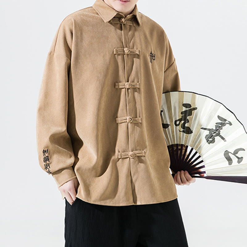 Buddha Stones Embroidery Chinese Frog-Button Design Tang Suit Men's Cotton Long Sleeve Jacket Shirt - image 13