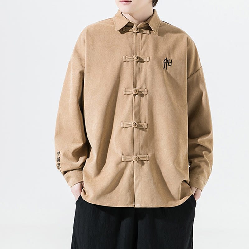 Buddha Stones Embroidery Chinese Frog-Button Design Tang Suit Men's Cotton Long Sleeve Jacket Shirt - image 14