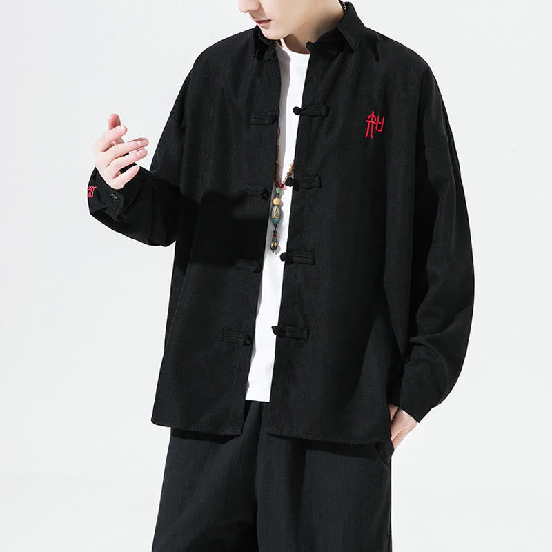 Buddha Stones Embroidery Chinese Frog-Button Design Tang Suit Men's Cotton Long Sleeve Jacket Shirt - image 4