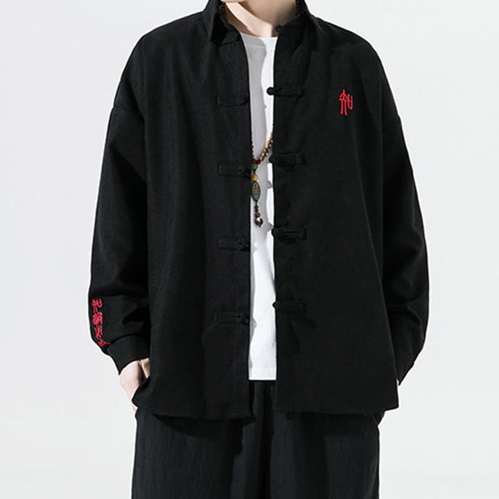 Buddha Stones Embroidery Chinese Frog-Button Design Tang Suit Men's Cotton Long Sleeve Jacket Shirt - image 2