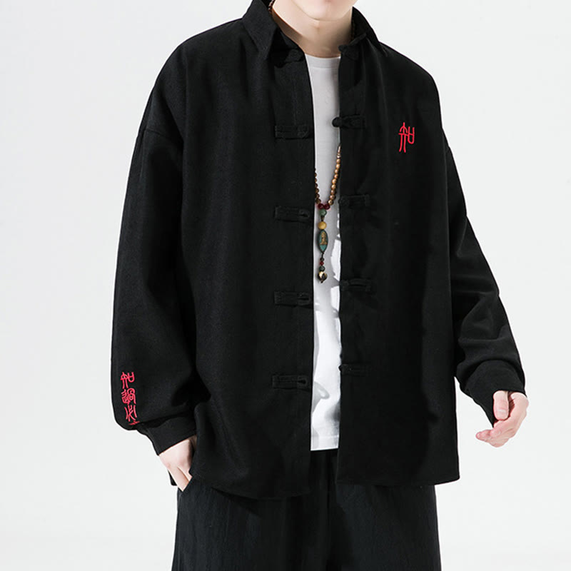 Buddha Stones Embroidery Chinese Frog-Button Design Tang Suit Men's Cotton Long Sleeve Jacket Shirt - image 1