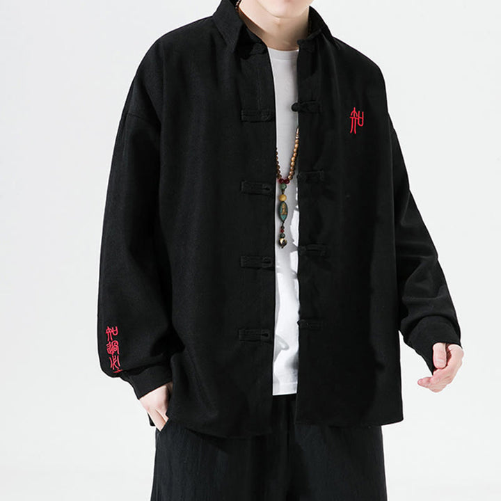 Buddha Stones Embroidery Chinese Frog-Button Design Tang Suit Men's Cotton Long Sleeve Jacket Shirt - image 1