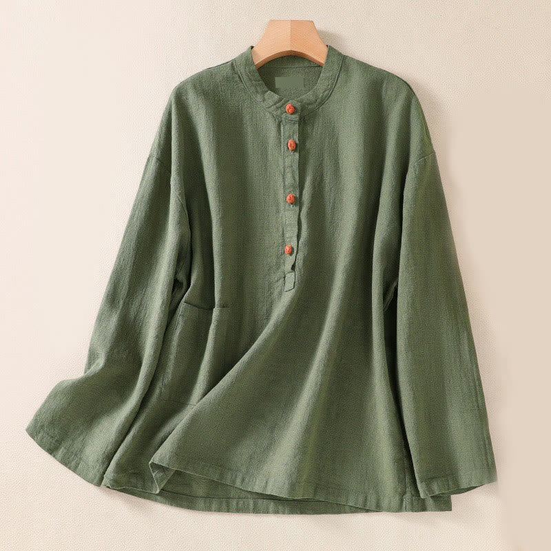 Buddha Stones Casual Buttons Crew Neck Cotton Women's Long Sleeve Shirt With Pockets - DarkSeaGreen - US14，UK/AU18，EU46 (2XL) - image 0