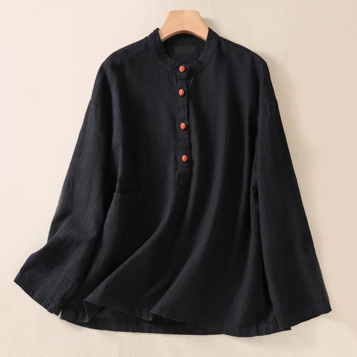 Buddha Stones Casual Buttons Crew Neck Cotton Women's Long Sleeve Shirt With Pockets - Black - US8-10，UK/AU12-14，EU40-42 (2XL) - image 9