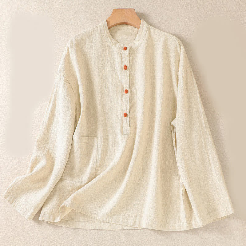 Buddha Stones Casual Buttons Crew Neck Cotton Women's Long Sleeve Shirt With Pockets - Cornsilk - US14，UK/AU18，EU46 (2XL) - image 16