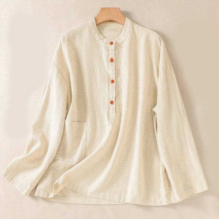 Buddha Stones Casual Buttons Crew Neck Cotton Women's Long Sleeve Shirt With Pockets - Cornsilk - US14，UK/AU18，EU46 (2XL) - image 16