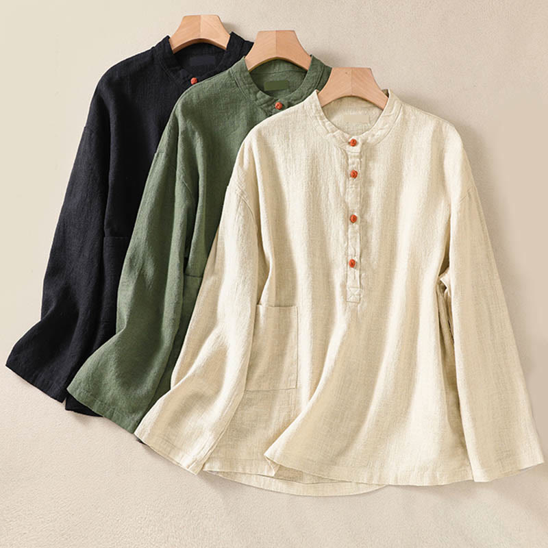 Buddha Stones Casual Buttons Crew Neck Cotton Women's Long Sleeve Shirt With Pockets - image 26
