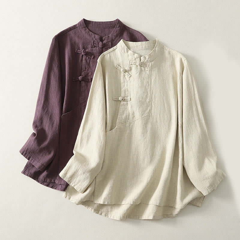 Buddha Stones Casual Plain Frog-buttons Cotton Women's Long Sleeve Shirt - image 0