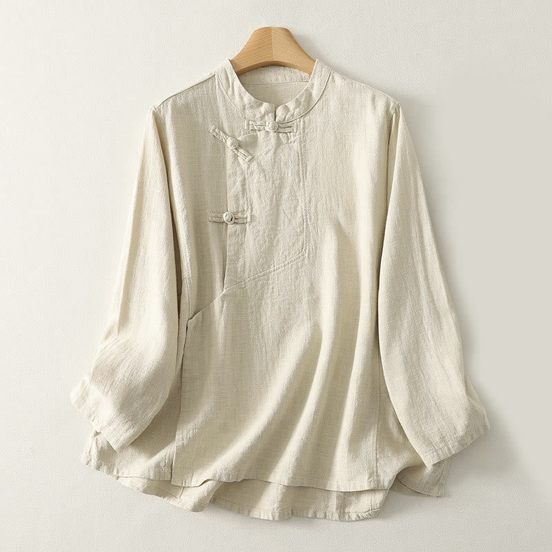 Buddha Stones Casual Plain Frog-buttons Cotton Women's Long Sleeve Shirt - Beige - US8-10，UK/AU12-14，EU40-42 (2XL) - image 6