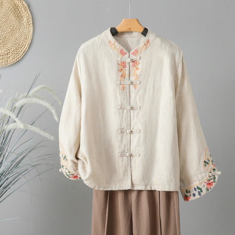 Buddha Stones Embroidery Flower Long Sleeve Frog-buttons Cotton Women's Shirt - Beige - US12，UK/AU16，EU44 (2XL) - image 0