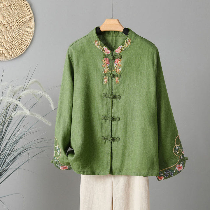 Buddha Stones Embroidery Flower Long Sleeve Frog-buttons Cotton Women's Shirt - OliveDrab - US12，UK/AU16，EU44 (2XL) - image 12