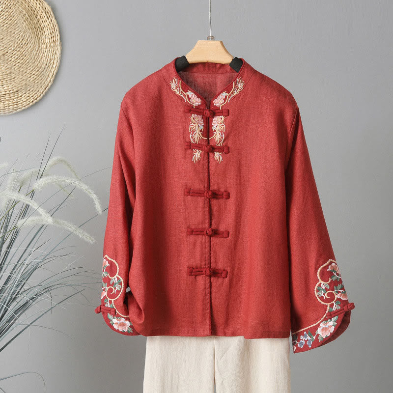 Buddha Stones Embroidery Flower Long Sleeve Frog-buttons Cotton Women's Shirt - FireBrick - US12，UK/AU16，EU44 (2XL) - image 15
