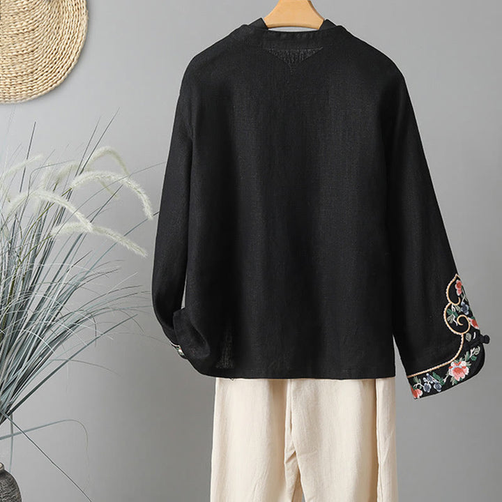 Buddha Stones Embroidery Flower Long Sleeve Frog-buttons Cotton Women's Shirt - image 19