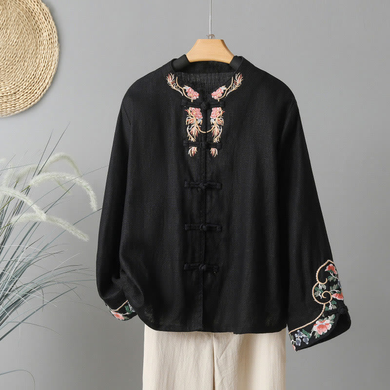 Buddha Stones Embroidery Flower Long Sleeve Frog-buttons Cotton Women's Shirt - Black - US12，UK/AU16，EU44 (2XL) - image 18