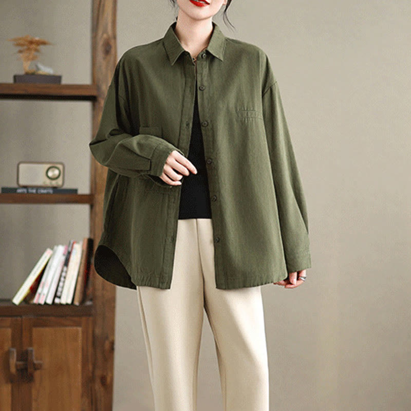Buddha Stones Casual Plain Long Sleeve Cotton Women's Shirt With Pockets - image 1