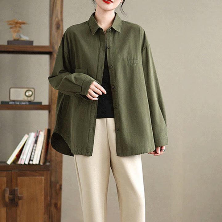 Buddha Stones Casual Plain Long Sleeve Cotton Women's Shirt With Pockets - image 1