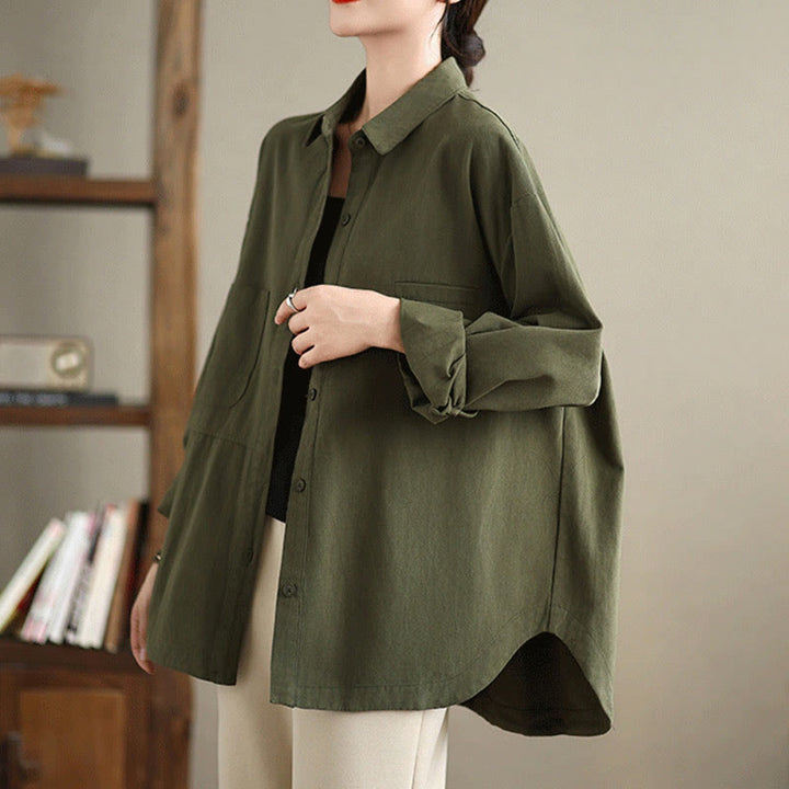 Buddha Stones Casual Plain Long Sleeve Cotton Women's Shirt With Pockets - image 3