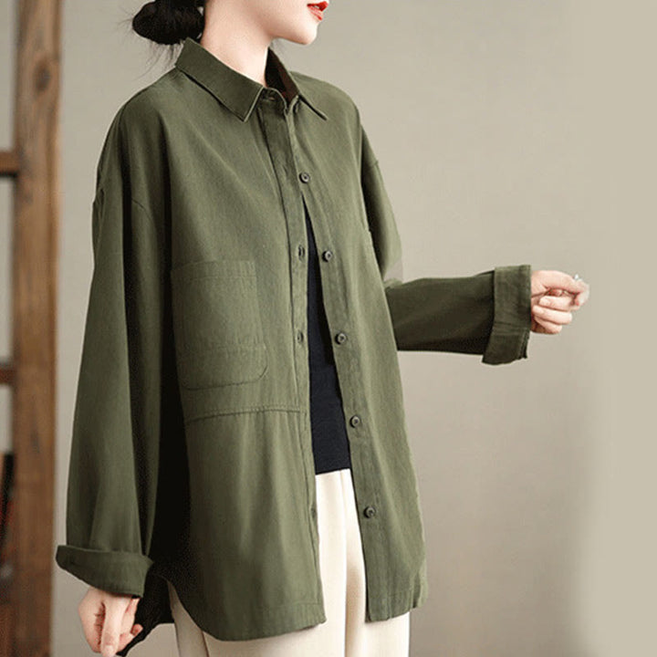 Buddha Stones Casual Plain Long Sleeve Cotton Women's Shirt With Pockets - image 2