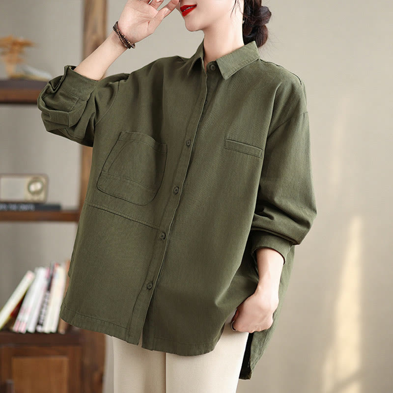 Buddha Stones Casual Plain Long Sleeve Cotton Women's Shirt With Pockets - image 4