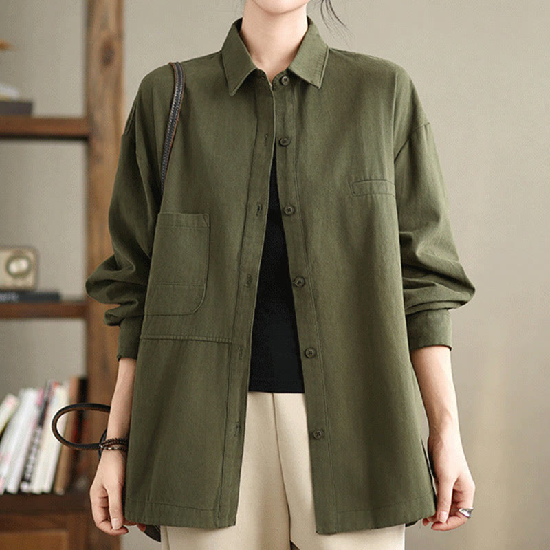 Buddha Stones Casual Plain Long Sleeve Cotton Women's Shirt With Pockets - DarkOliveGreen - US14，UK/AU18，EU46 (2XL) - image 0