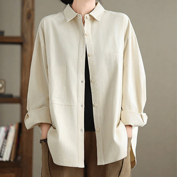 Buddha Stones Casual Plain Long Sleeve Cotton Women's Shirt With Pockets - Beige - US14，UK/AU18，EU46 (2XL) - image 6