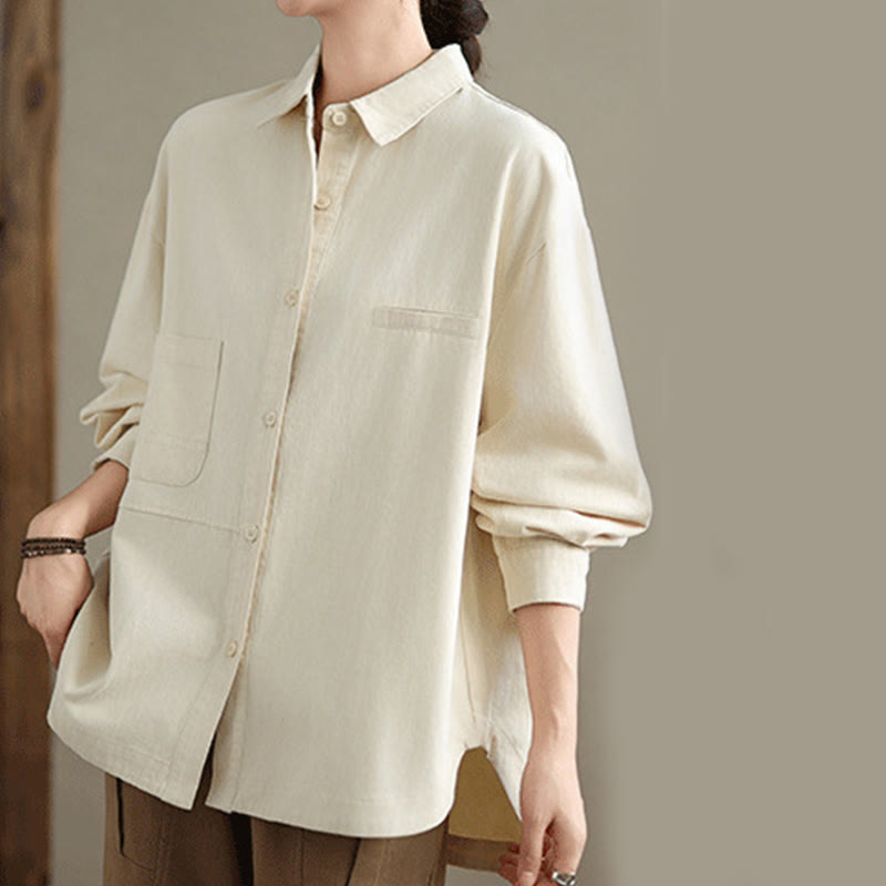 Buddha Stones Casual Plain Long Sleeve Cotton Women's Shirt With Pockets - image 7