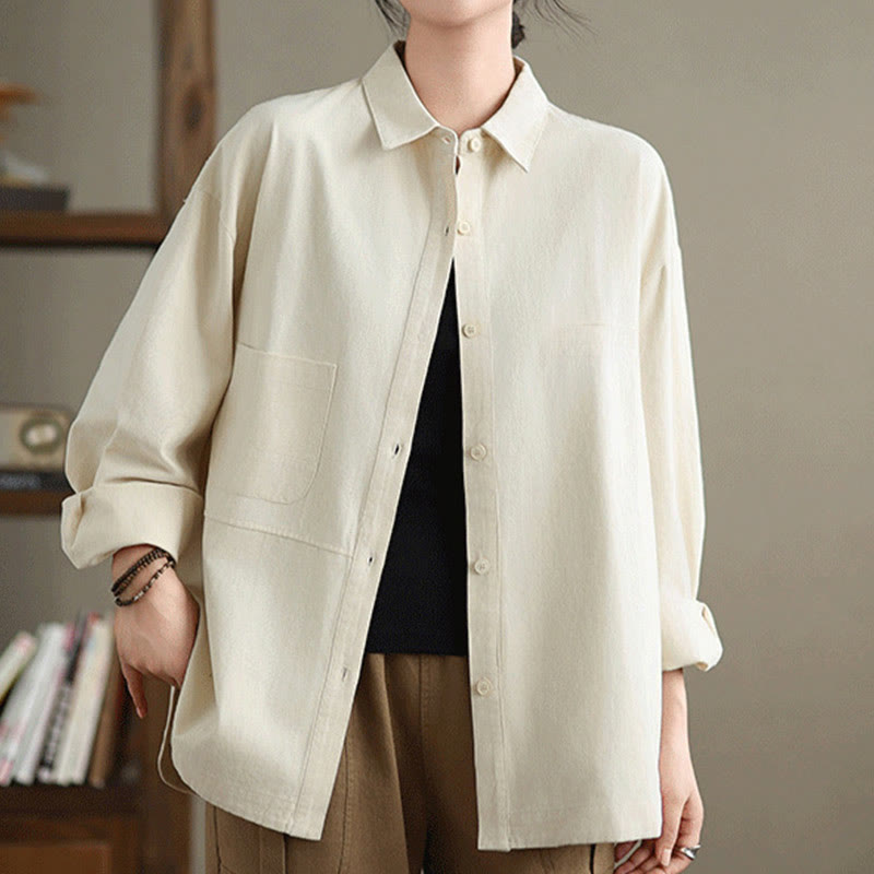 Buddha Stones Casual Plain Long Sleeve Cotton Women's Shirt With Pockets - image 10