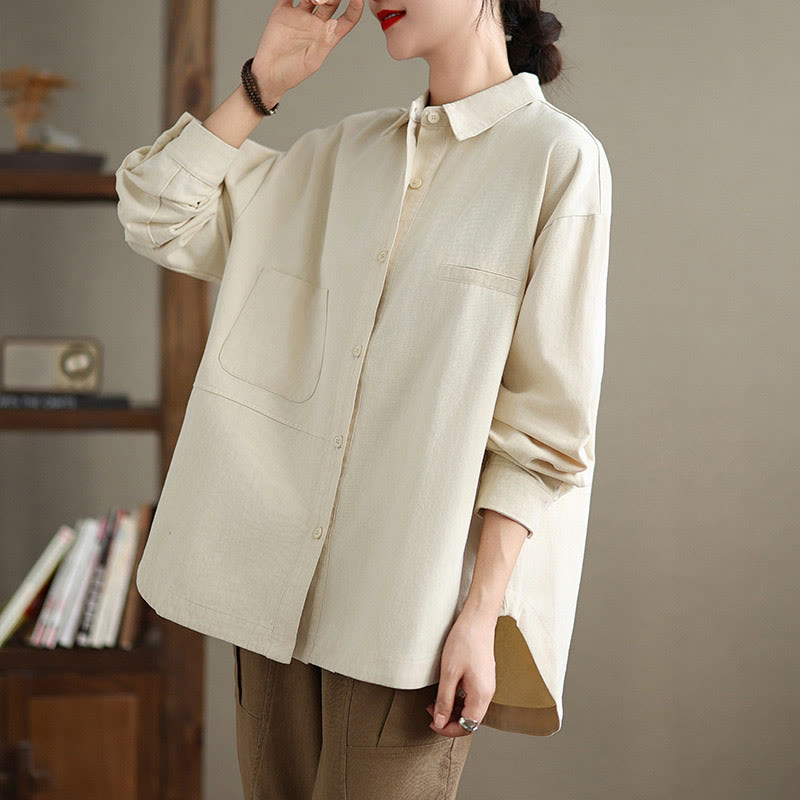 Buddha Stones Casual Plain Long Sleeve Cotton Women's Shirt With Pockets - image 9