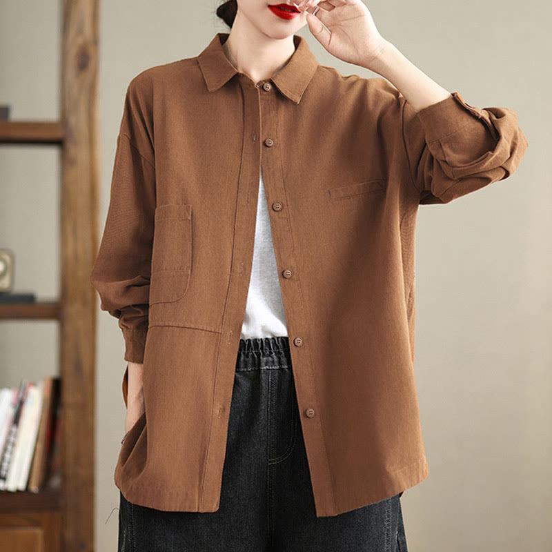 Buddha Stones Casual Plain Long Sleeve Cotton Women's Shirt With Pockets - Peru - US14，UK/AU18，EU46 (2XL) - image 12