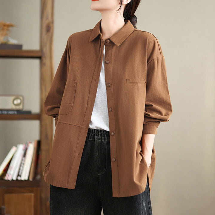 Buddha Stones Casual Plain Long Sleeve Cotton Women's Shirt With Pockets - image 17