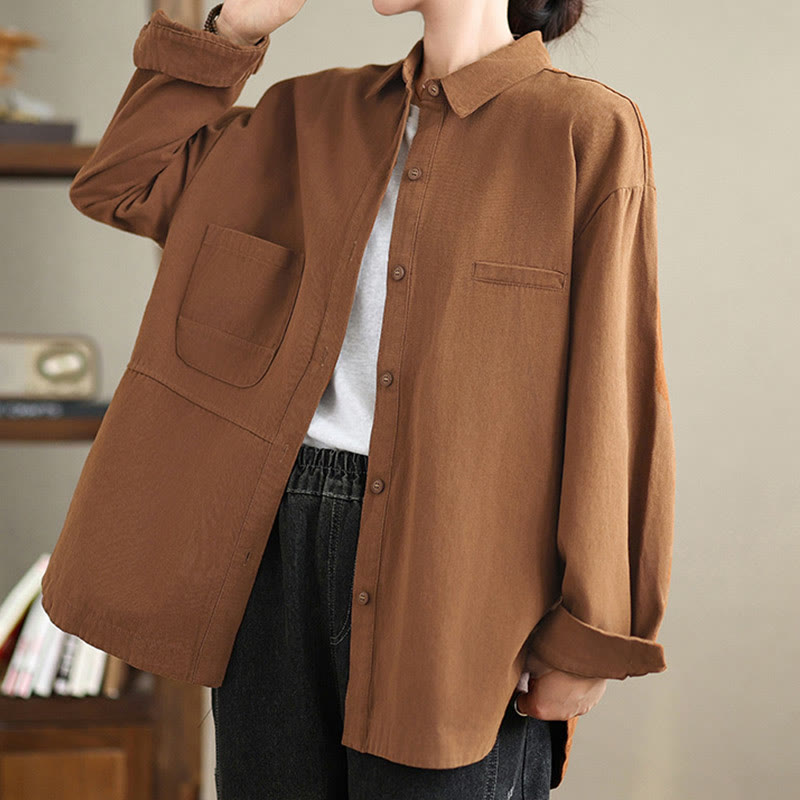 Buddha Stones Casual Plain Long Sleeve Cotton Women's Shirt With Pockets - image 18