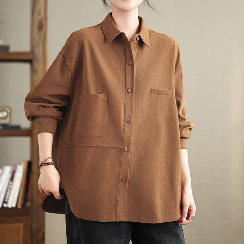 Buddha Stones Casual Plain Long Sleeve Cotton Women's Shirt With Pockets - image 15