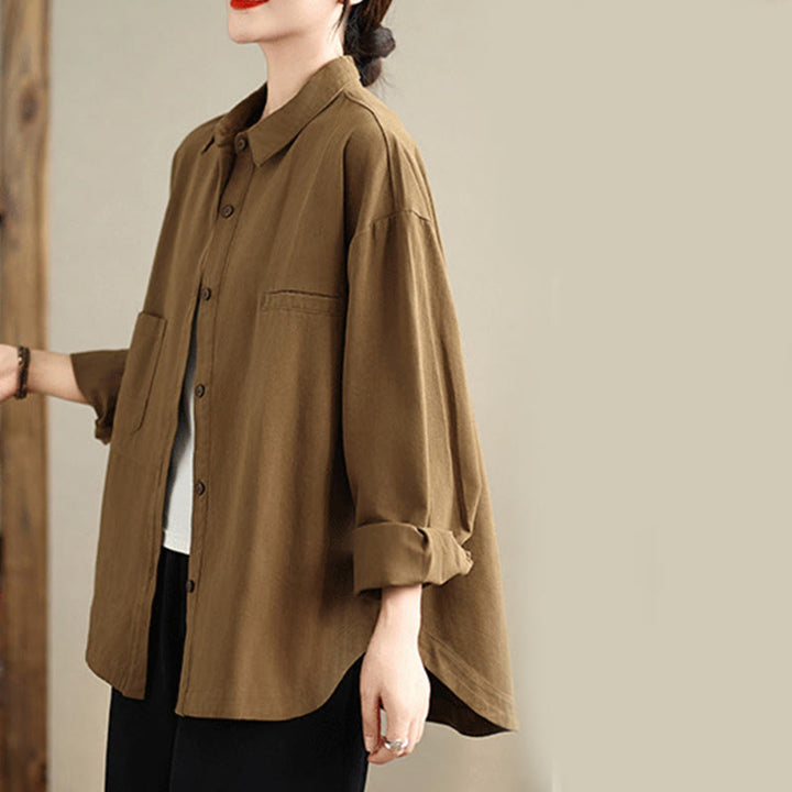 Buddha Stones Casual Plain Long Sleeve Cotton Women's Shirt With Pockets - image 24