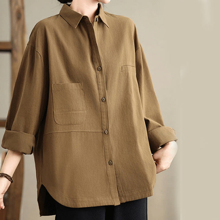 Buddha Stones Casual Plain Long Sleeve Cotton Women's Shirt With Pockets - image 26