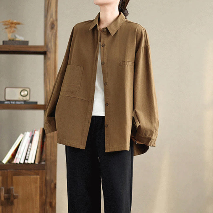 Buddha Stones Casual Plain Long Sleeve Cotton Women's Shirt With Pockets - image 25