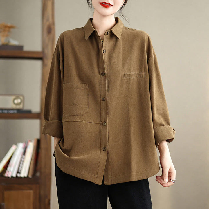 Buddha Stones Casual Plain Long Sleeve Cotton Women's Shirt With Pockets - image 23