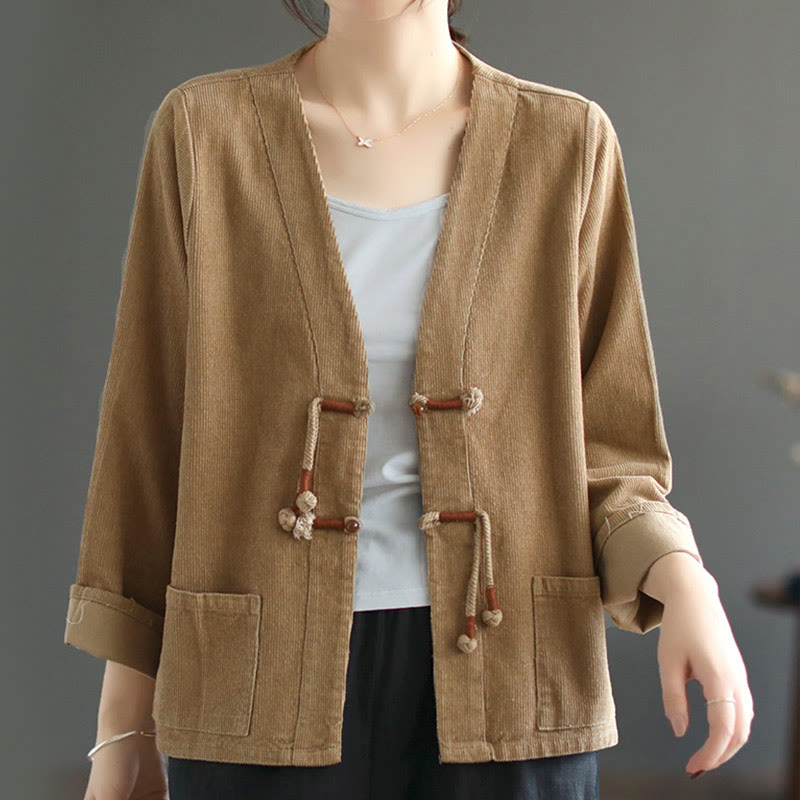 Buddha Stones Women's Cotton Long Sleeve Corduroy Jacket With Pockets - BurlyWood - US12，UK/AU16，EU44 (2XL) - image 0