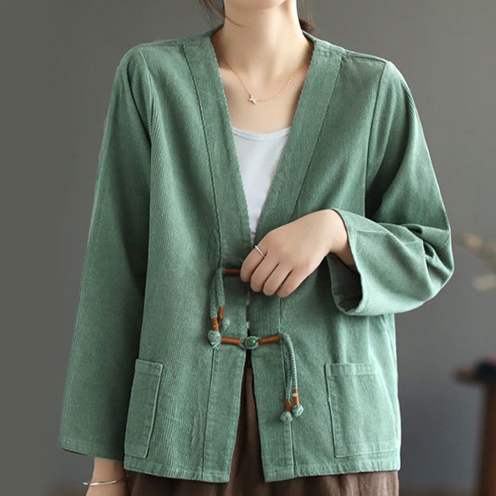 Buddha Stones Women's Cotton Long Sleeve Corduroy Jacket With Pockets - MediumAquamarine - US12，UK/AU16，EU44 (2XL) - image 9